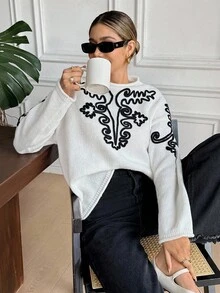 Serisse Women's Elegant White And Black Patterned Sweater,Autumn Casual Loose Fit Drop Shoulder Long Sleeve Chic Sweater For Party,Brunch,,Winter - Apricot - View 5