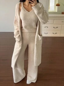 DAZY 3 件套女士简约针织纯色长外套、背心和裤子家居服套装，冬季、秋季衣服睡衣，舒适服装 - 杏色 - 查看 8