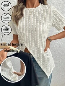 SHEIN LUNE Camiseta de manga corta de verano para mujer, de unicolor, con textura y bajo asimétrico, de estilo casual - Albaricoque - Ver 1