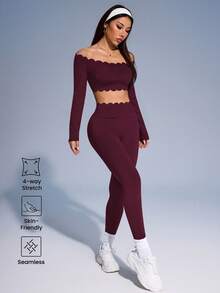 Cheerettes Women's Casual Sexy Fashion Running Yoga Lace One-Shoulder Cropped Top And Leggings Sports Suit Yoga Leggings Set Leggings And Top Set Curve Activewear Sets Tights Two Piece Set Women Activewear Sets - Red - View 4