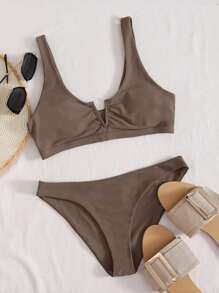 Swim Basics 夏季海灘V字有鋼圈胸墊泳衣套裝，游泳衣 - 摩卡棕 - 查看 2