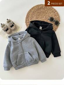 2pcs Baby Boy & Baby Girl Casual Solid Color Hooded Jacket Set, Grey Hoodie & Black Hoodie, Suitable For Autumn & Winter - Multicolor - View 8