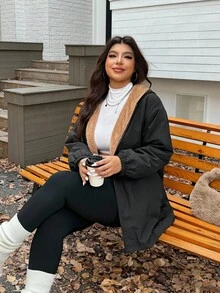 SHEIN EZwear Veste décontractée à capuche à fermeture éclair pour femmes grande taille, manches longues, automne/hiver. Vêtements pour femmes élégants, noirs, à manches longues, avec ceinture, capuche, pour le travail, les rendez-vous, les sorties, les fêtes, les invités de mariage, chic, doublure thermique, Noël - Noir - Voir 5