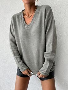 EURMUSE Cổ v Thả vai Áo len - Xám - Xem 4
