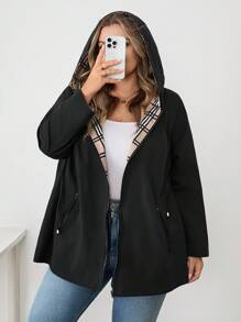 SHEIN CURVE+ 大码女装/秋装/秋季女装/女士冬装/大码女装冬装。几何印花双面宽松长袖连帽外套，适合秋冬季节，秋季女装秋装/秋冬 - 彩色 - 查看 7