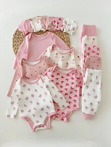 SHEIN 新生女婴可爱休闲针织卡通波尔卡圆点长袖连体睡衣套装 - 彩色 - 查看 6