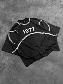 ROMWE MEN Prep 男士街头美式T恤，局部喷绘，日常穿着，短款蝙蝠袖，春夏 - 黑色 - 查看 3