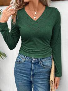 SHEIN Frenchy Guipure Lace Insert Tee Winter Green - Green - View 4