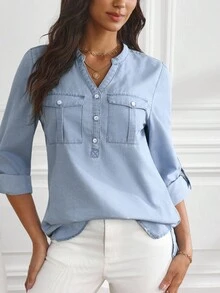 SHEIN Tall 女式休闲V领卷袖牛仔衬衫，秋季 - 淺色水洗藍 - 查看 5