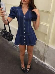 Jeanoix Summer Fashion Front Button Puff Sleeve Mini Denim Dress - Dark Wash - View 6