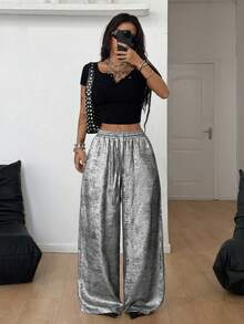 Coolane Women's All-Season  Streetwear  Grunge  Y2K  Rave Outfit  Sparkly  Elastic Waistband Silvery Curved Hem Pants