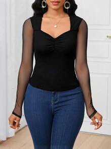 SHEIN Lady Black Mesh Patchwork Long Sleeve Fitted Women T-Shirt Long Sleeve Mesh Top Black Top With Mesh Sleeves - Black - View 6