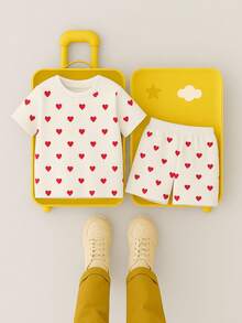 Baby Girl Heart Print Round Neck Short Sleeve T-Shirt And Shorts Knit Set, Suitable For Valentine's Day - Multicolor - View 1