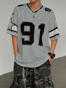 Flirla 女式数字印花短袖网眼拼色宽松运动 T 恤，春夏图案 T 恤女式上衣