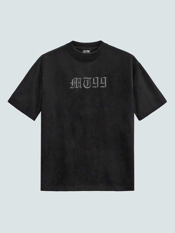 MODCRASH Camiseta de hombre con bordado de letras, de hombros caídos, estilo urbano, gótico, emo, camiseta gráfica