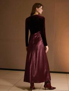 MOTF PREMIUM 天鹅绒缎面混合材质开衩长裙 - 酒紅色 - 查看 3
