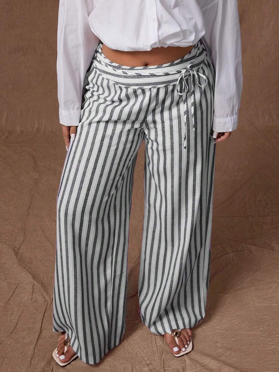 Rustia Plus Size Women Waist Tie Loose Casual Striped Wide Leg Pants - Multicolor - View 1