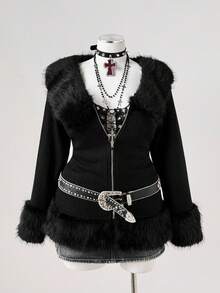 Sunspun Áo khoác lông thú chắp vá hở vai gợi cảm cỡ lớn - màu đen - Xem 1