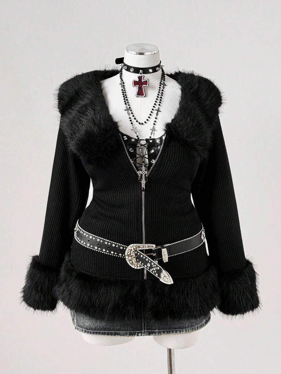 Sunspun Áo khoác lông thú chắp vá hở vai gợi cảm cỡ lớn - màu đen - Xem 1