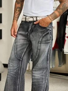 Manfinity Roghcode Jeans casual lavati neri a gamba larga e taglio dritto, effetto vissuto, per primavera/estate - nero - Visualizzare 5