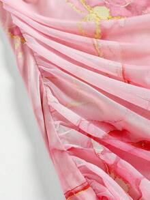 Girlism 少女优雅粉色大理石印花网眼露肩荷叶边开衩长袖连衣裙，适合派对、秋季、Y2K - 粉色 - 查看 5