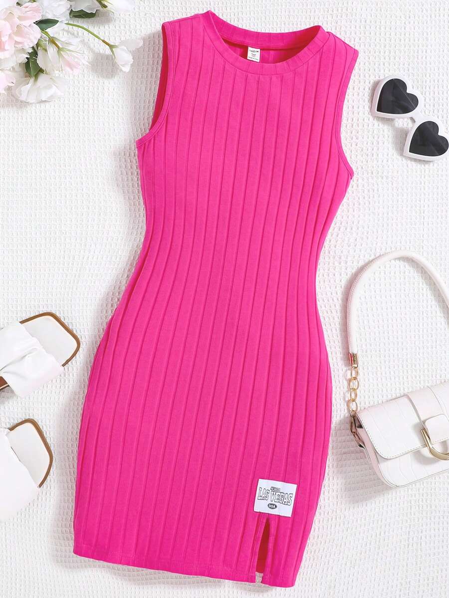 SHEIN Leap Crew Teen Girls Summer Pink Knitted Ribbed Sleeveless Bodycon Tank Dress With Letter Patch & Slit, Casual Vacation Versatile Valentine's Day - Hot Pink - View 1