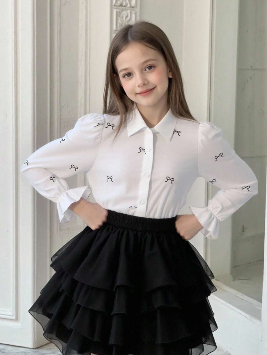 SHEIN 女童蝴蝶印花衬衫，白色底色，休闲百搭 - 白色 - 查看 1