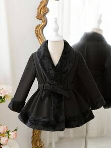 SHEIN Young Girl Elegant & Cute Black Faux Fur Collar Belted Jacket, Versatile,In Fall/Winter - Black - View 9