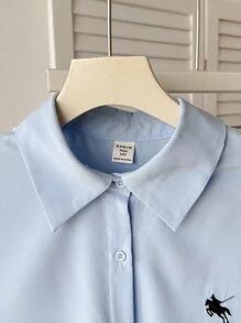 青少年女孩休闲百搭简约长袖衬衫，图案刺绣基本款休闲宽松开衫，返校季，适合所有季节 - 藍色 - 查看 4
