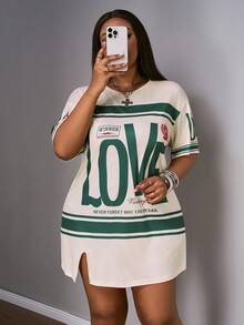 Slaydiva Plus Size Early Spring Vacation Casual Pink Side Slit Drop Shoulder Short Sleeve Dress