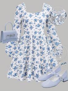 Girlism Tween-Mädchen Rückenfreies, rückenfreies, florales, quadratisches Halsausschnitt, langärmliges Lässig kleid, lässig - Blau-Weiß - Übersicht 1