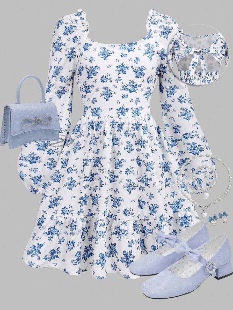 Girlism Tween-Mädchen Rückenfreies, rückenfreies, florales, quadratisches Halsausschnitt, langärmliges Lässig kleid, lässig - Blau-Weiß - Übersicht 1