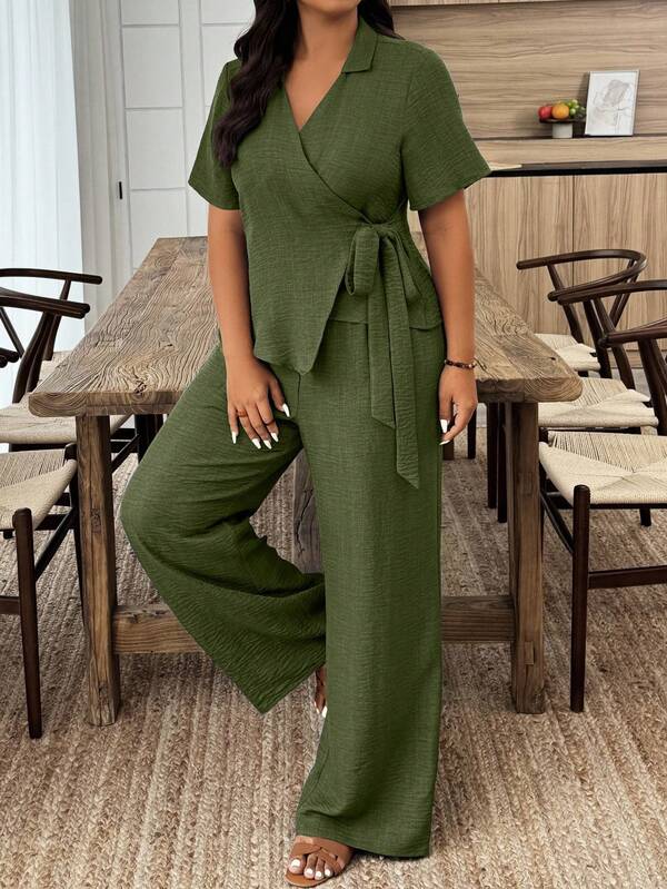 Weeklong Plus Size Women Solid Color Wrap Tie Short Sleeve Shirt And Pants Casual 2 Pieces Set