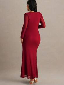 MaterniChic Autumn And Winter Red Dress Elegant Maternity Solid Color Ruffle V-Neck Fitted Long Sleeve Dress - Red - View 3