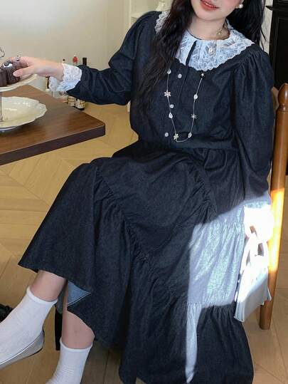 Dazy Plus Fashionable Contrast Lace Peter Pan Collar Flare Sleeve Denim Top & Skirt 2 Pieces Set, Plus Size