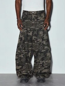 MODCRASH 1 chiếc quần cargo denim kiểu Mỹ cổ điển Justice Brother, thiết kế chắp vá, in họa tiết rằn ri, dáng rộng thoải mái (không bao gồm thắt lưng và phụ kiện), quần jean denim, thời trang đường phố, thu đông xuân hè, phong cách Mỹ cổ điển, unisex, dáng rộng thoải mái cho trang phục mùa hè – Thích hợp cho mặc hàng ngày và trang phục nghỉ hè. - xanh quân đội - Xem 3