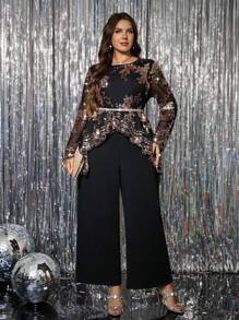 SHEIN Clasi 大码亮片拼布圆领透明优雅长袖连体裤 - 黑色 - 查看 2