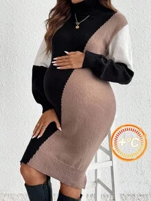 SHEIN 秋季服装，秋季服装，孕妇装 秋冬孕妇装休闲拼色拼布高领针织连衣裙，秋冬孕妇装毛衣裙长袖孕妇装孕妇装秋冬孕妇装高领孕妇装 - 彩色 - 查看 2
