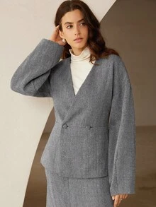 GENKIRA V-Neck Herringbone Raglan Sleeve Double-Breasted Mid-Length Skirt Women 2 Pieces Set Fall Cloth For Women - Multicolor - View 2