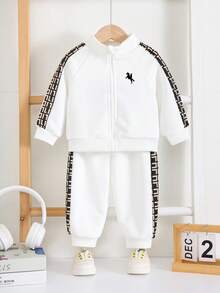 2pcs Baby Boy/Girl Casual Sports Outfit, Loose Fit Letter Graphic Print Decor Zip-Up Jacket And Pants Set, Suitable For Outings, School, Gatherings, Autumn/Winter Back To School Outfits, Fleece Thickened Baby Sportswear 2p Infant Set Baby Tracksuit Baby Casual Sets Fall