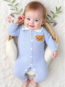 SHEIN Vintaside Kids 男宝宝时尚可爱百搭卡通熊毛衣爬行服针织连体衣 - 淺藍色 - 查看 8