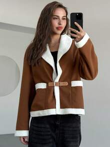 Aloruh Women's Contrast Color Collar Suedette Long Sleeve Jacket Fall Autumn, Back To School Homecoming - Khaki - View 6