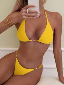 Zestiva Women's Summer Beach Solid Color Halter Tied Sexy Bikini Swimsuit Set - Yellow - View 5