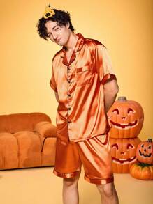 Notgurli Bộ đồ ngủ 2 món bằng vải satin in hình bí ngô Halloween thoải mái thân thiện với làn da vui nhộn dành cho cha mẹ và con cái trong bữa tiệc gia đình - trái cam - Xem 5