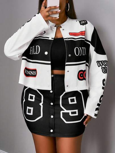 Slaydiva 2025 New Plus Size Women Y2K Motorcycle Style Graphic Print Jacket, Camisole And Mini Skirt 3-Piece Set, Autumn/Winter