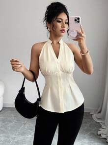 Elenzga 女士休闲通勤条纹无袖挂脖衬衫，夏季 - 彩色 - 查看 1