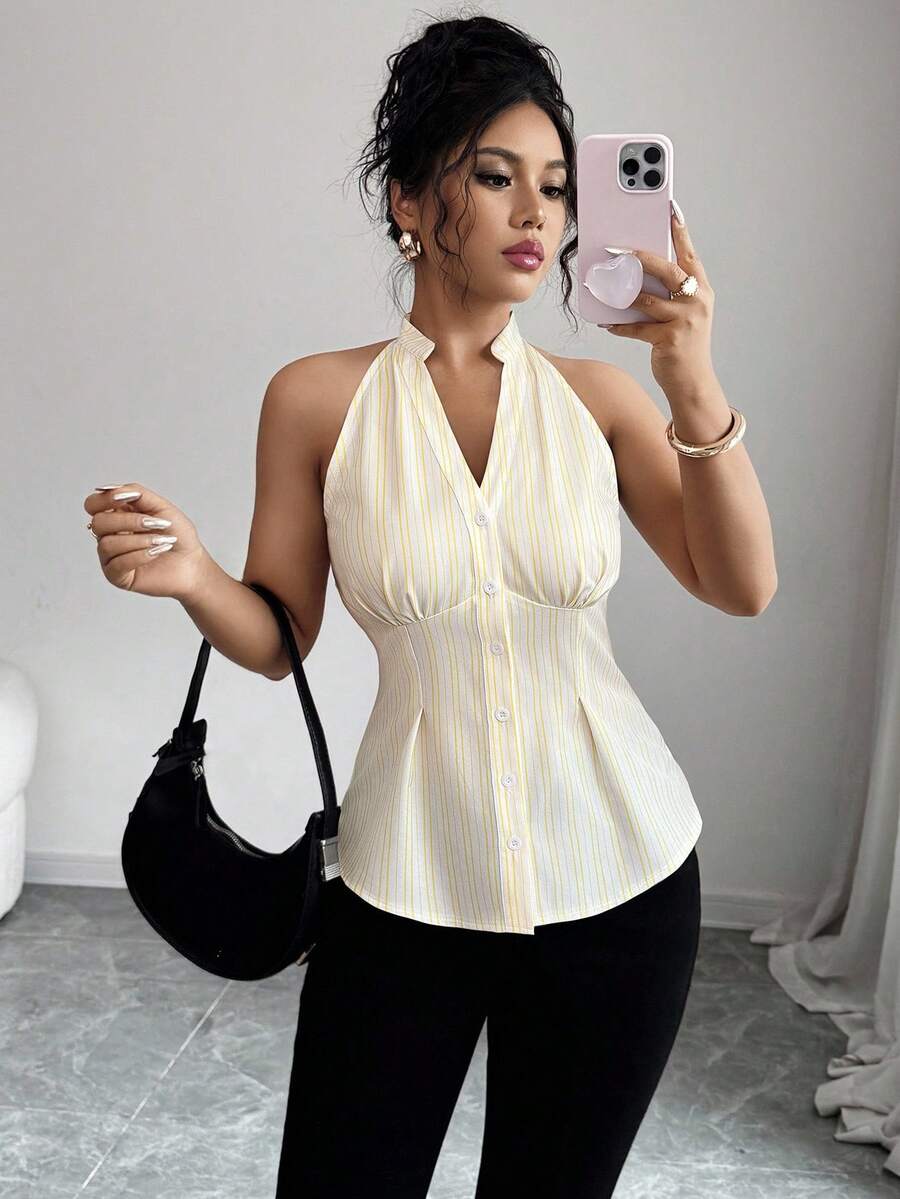 Elenzga 女士休闲通勤条纹无袖挂脖衬衫，夏季 - 彩色 - 查看 1