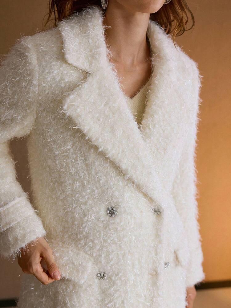 WOOL SOLID FUZZY LAPEL COLLAR LONGLINE OVERCOAT
