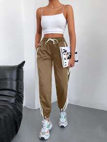 SHEIN Cottnline 95%纯棉撞色带抽绳腰部斜口袋运动裤 - 芥末黃 - 查看 3