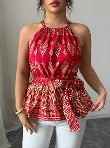 Elenzga Red & Gold Waist Cinched Sleeveless Spaghetti Strap Tie Strap Foil Print Elegant Plus Size Blouse For Women